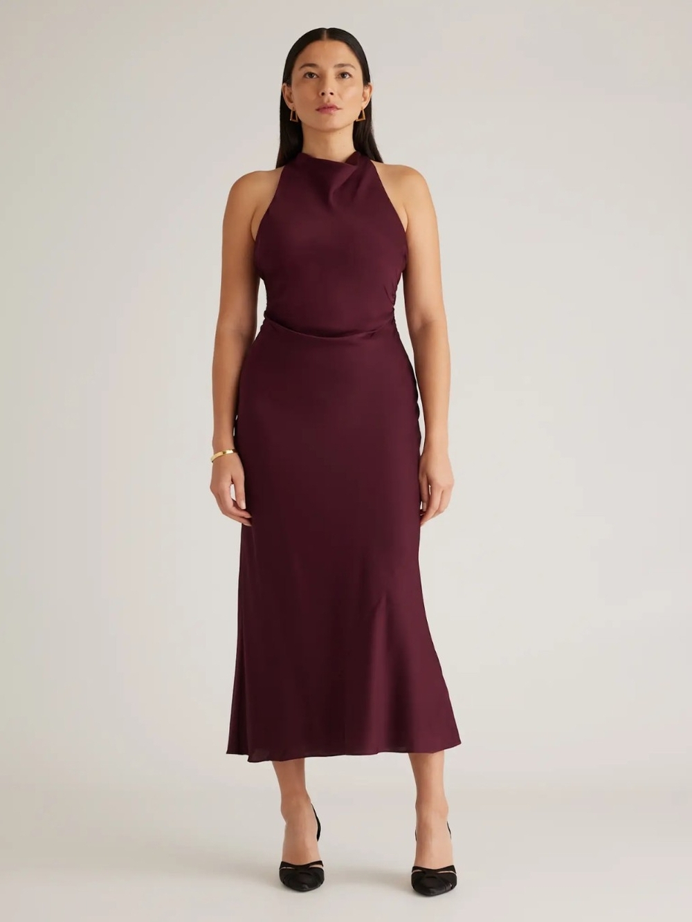 Quince Washable Stretch Silk High Neck Midi Dress Wine Tasting Red M